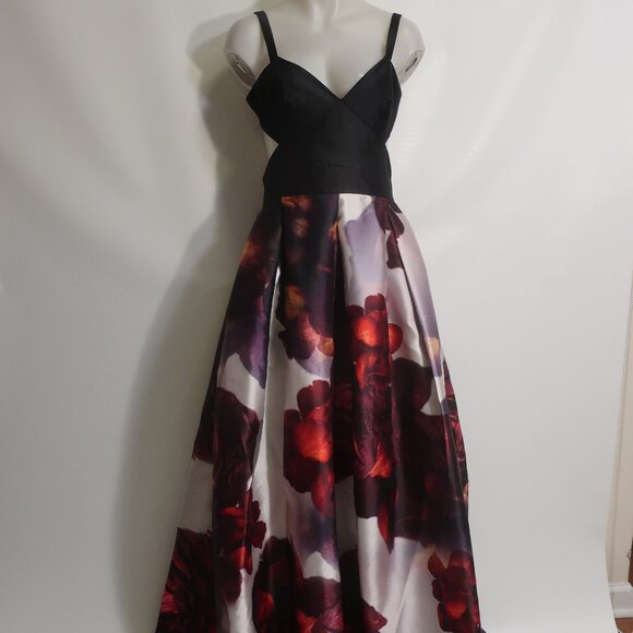 Womens Monique Lhuillier Plum Black Red Strappy V-Neck Floral Maxi Gown Dress 8 - Picture 3 of 15
